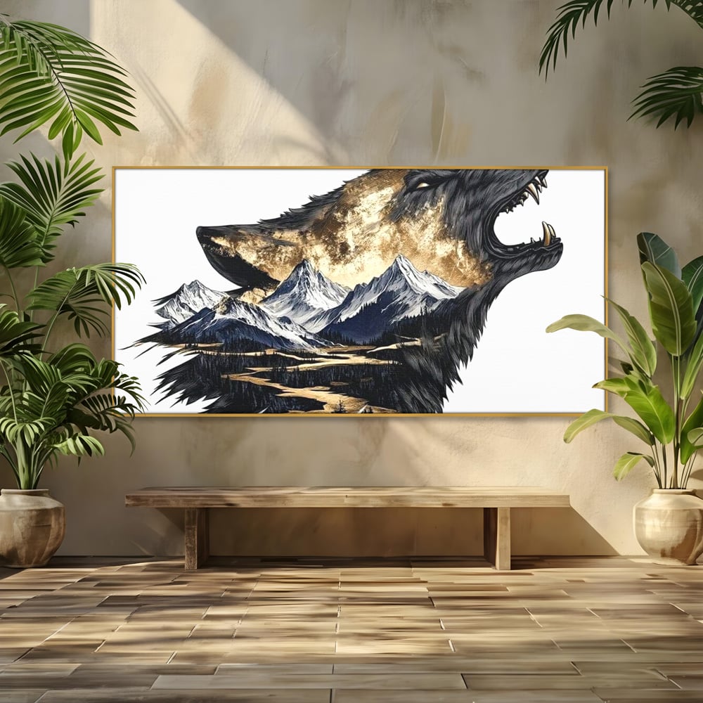 Tablou canvas cu ilustratie cu lup care urla si munti, in rama de aluminiu auriu